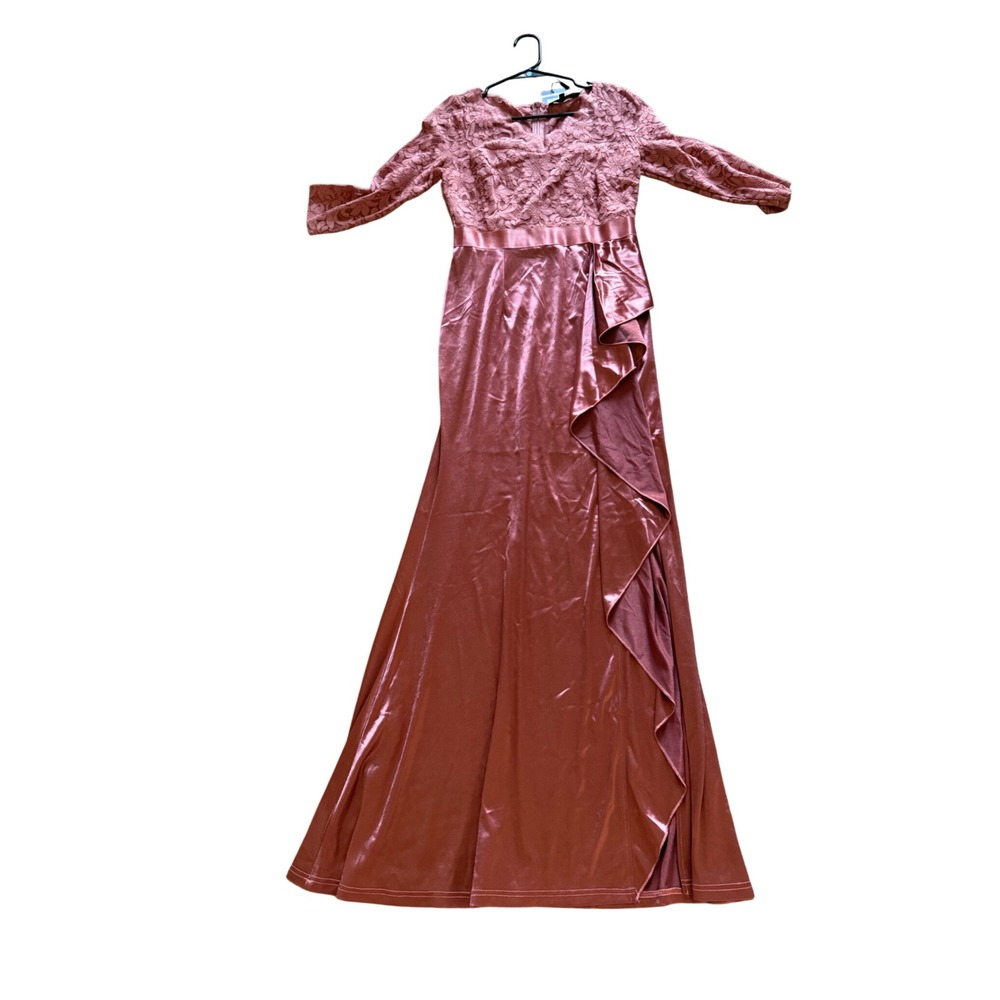 NWT Miusol Rose Gold Lace Satin Evening Gown 3/4 Sleeve Ruffle Slit Maxi Dress M